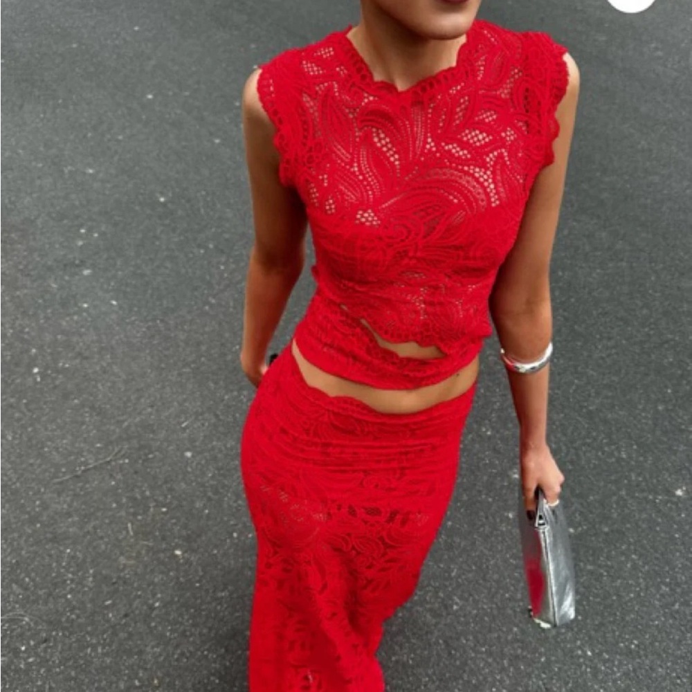 Red Lace Skirt Set